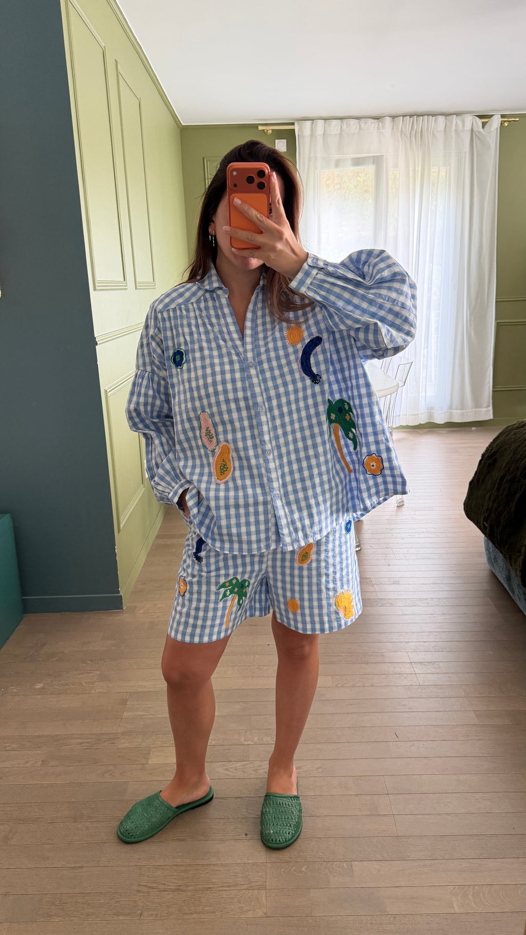 Ensemble à carreaux brodé bleu