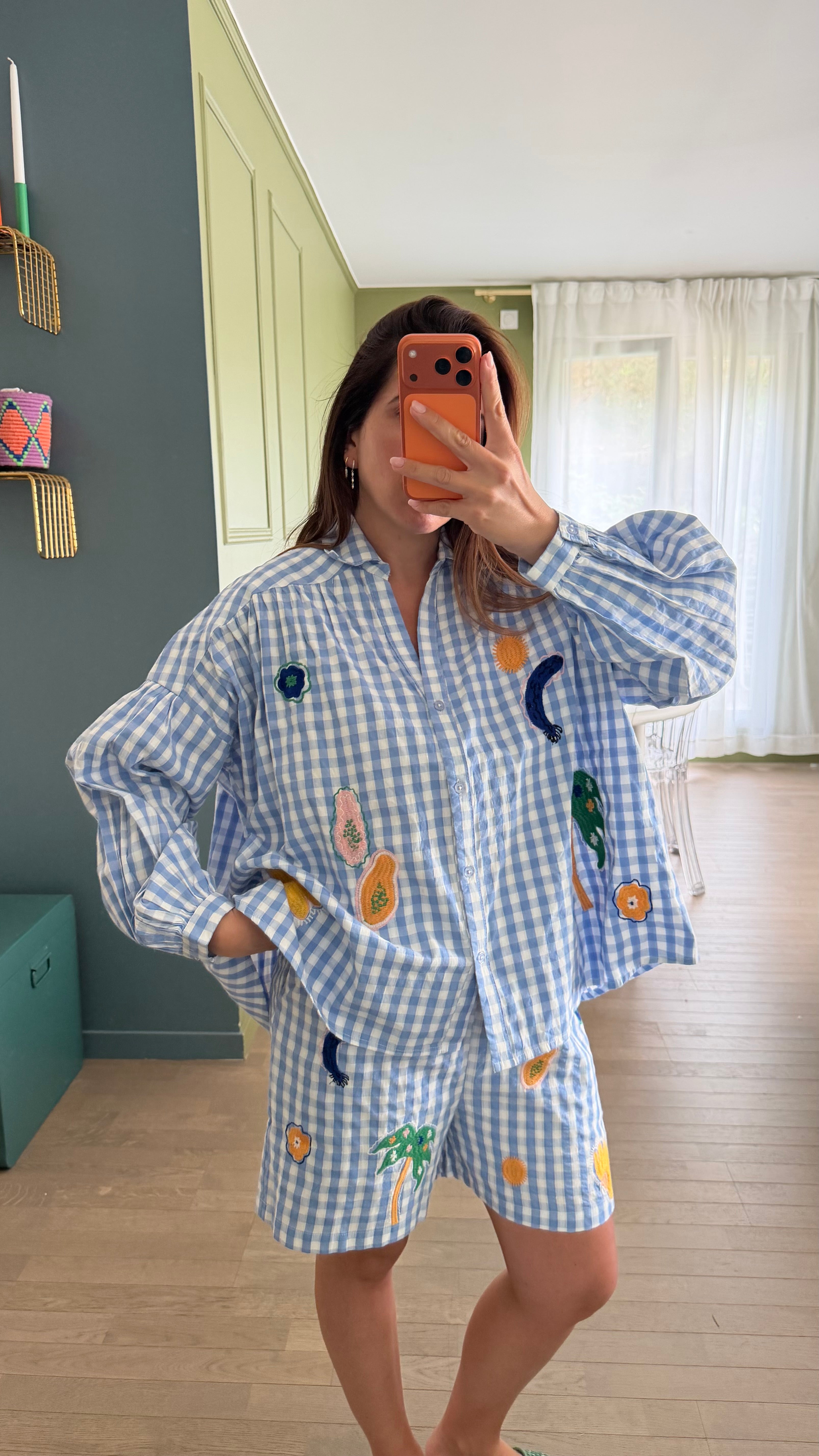 Ensemble à carreaux brodé bleu