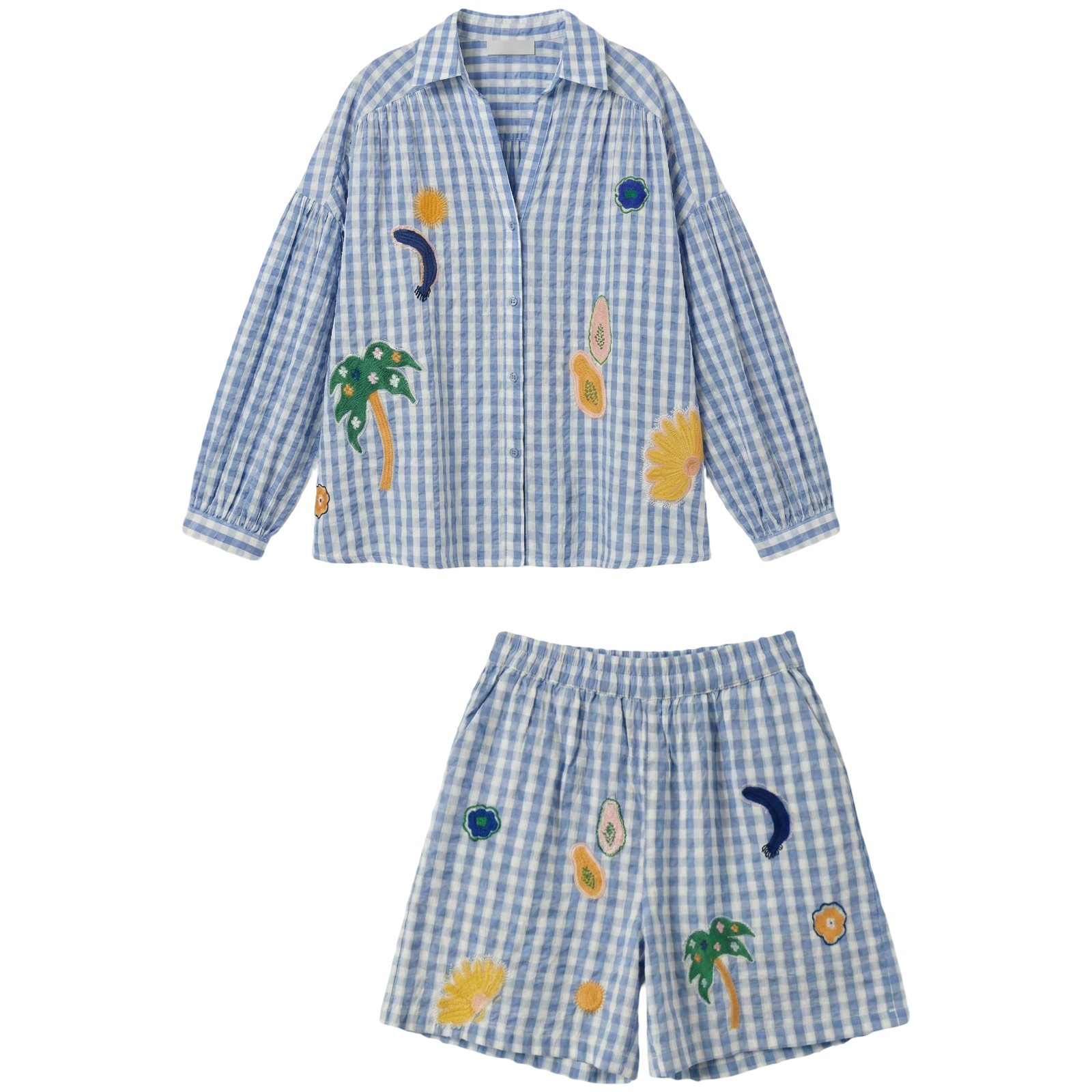 Ensemble à carreaux brodé bleu